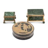 Group of marble and gilt copper boxes (3) different manufactures a) Circular box in lava stone,