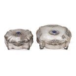 Two satin silver jewelry boxes Italy, 20th century 6x13x11 - 5,5x10x9 cm. shaped profiles, resting