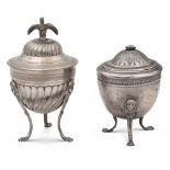 Two silver sugar bowls Italy, 19th-20th century h. 16-12 cm. resting on three feet, one with