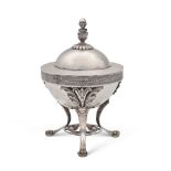 Silver sugar bowl Italy, 19th century h. 18 cm. plain body resting on a tripod base with feral