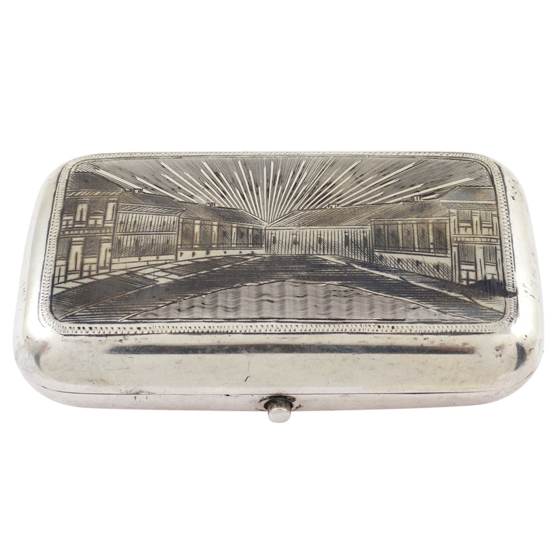 A silver niello snuffbox Moscow, 1879 weight 120 gr. body engraved with landscape motifs and plant