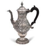 Silver coffee pot London, 1899 weight 982 gr. mark Charles Watts, pear shaped body, chiselled with