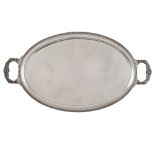 Two handled silver oval tray Italy, 20th century 65x36 cm. marks of F.lli Di Leone Milan, plain body