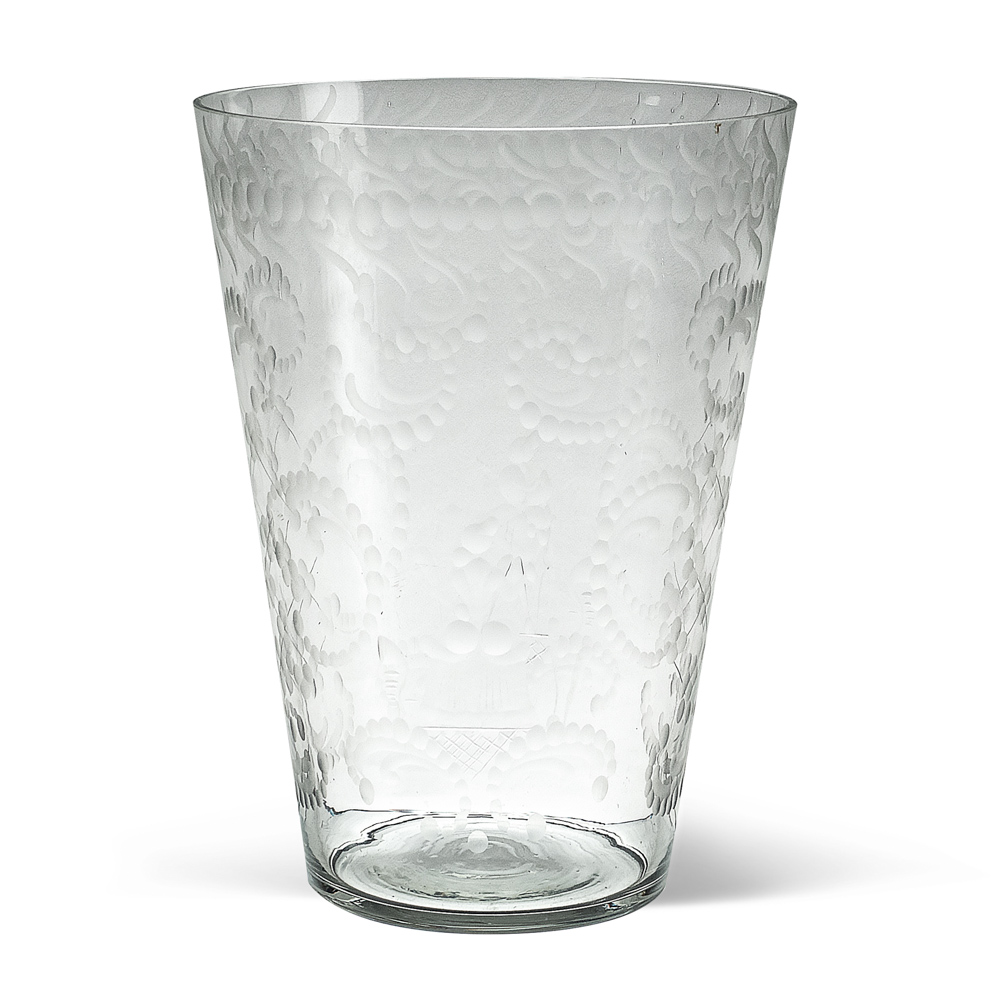 Muran manufacture 1950s 22x16 cm. transparent and satin glass vase, decorated with floral motifs and