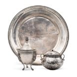 Group of silver objects (3) Italy, 20th century tray diameter 35,5 cm. comprising of two sugar bowls