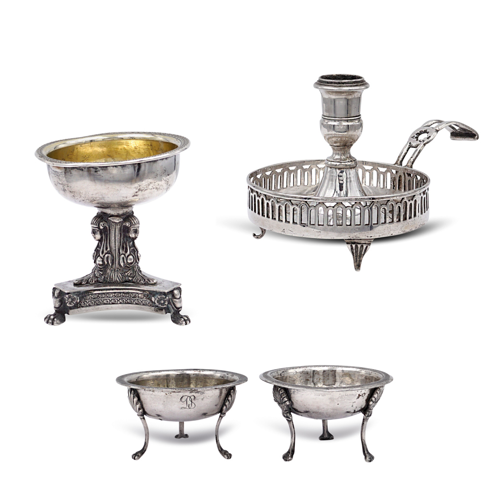 Group of silver objects (4) Naples, 19th century weight 507 gr. a) silver stand, h.8,5 cm.