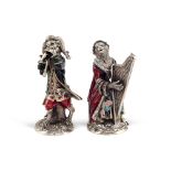 Pair of silver and polychrome enamel sculptures Italy, 20th century h. 11 cm. depicting musician