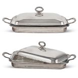 Two rectangular silver plated metal vegetable dishes 20th century 15x44x25,5-15x51x26,5 cm. pyrex