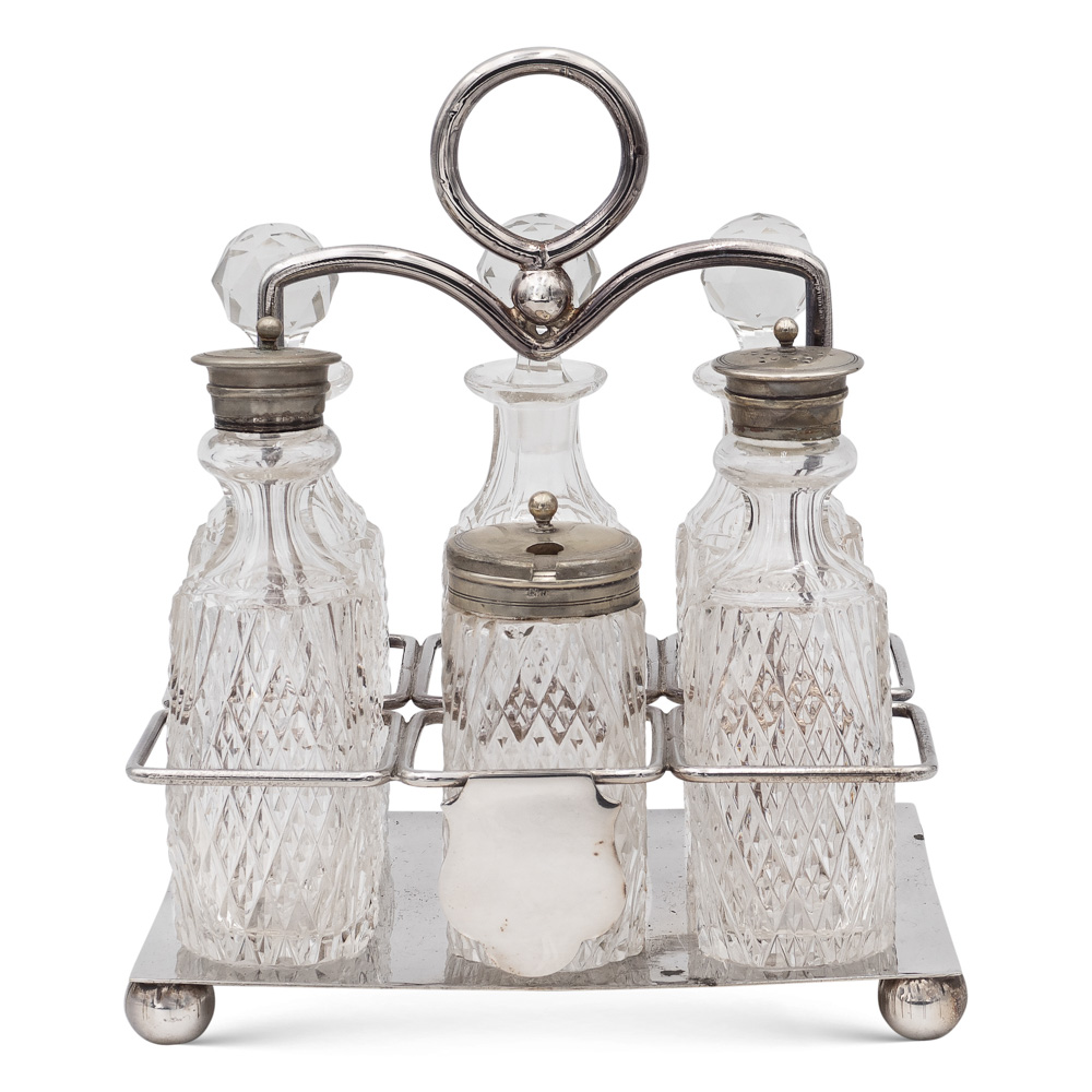 Silvered metal and cut glass cruet England, 19th-20th century 22,5x18,5x12 cm. complete with six