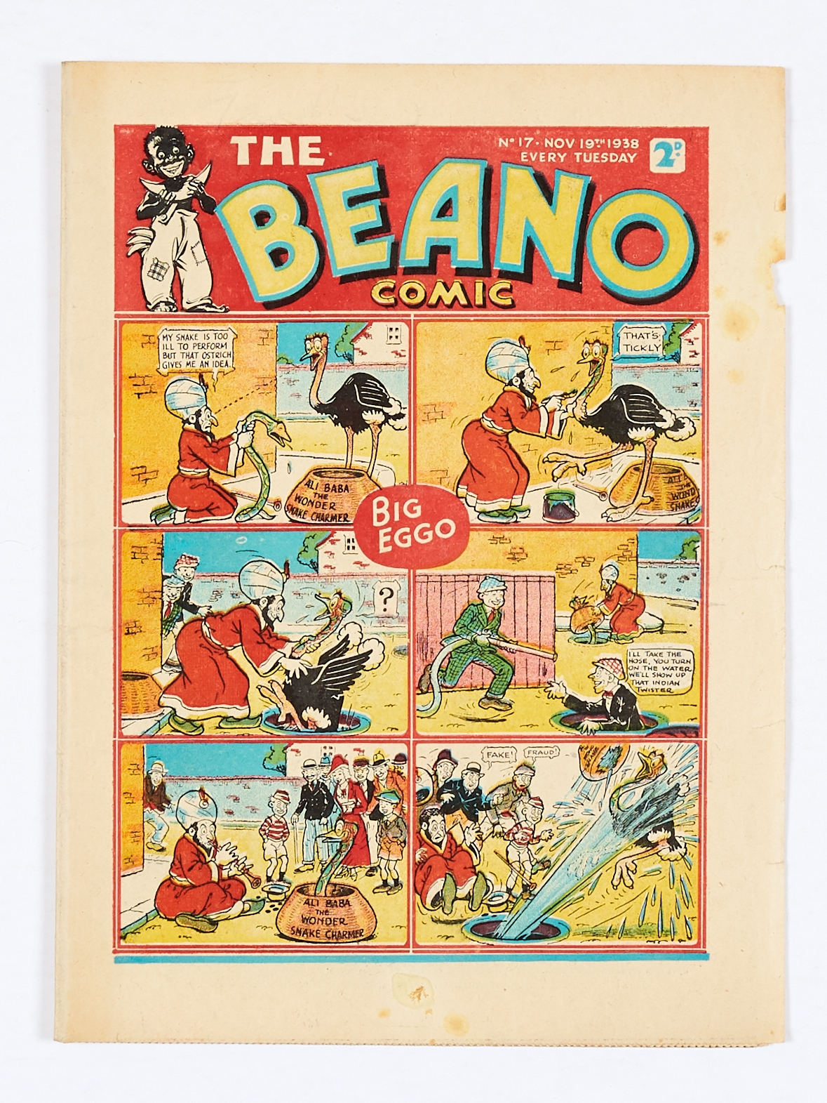 Beano No 17 (1938). Bright covers, small piece out of RH cover overhang, Pg 3 lower margin piece