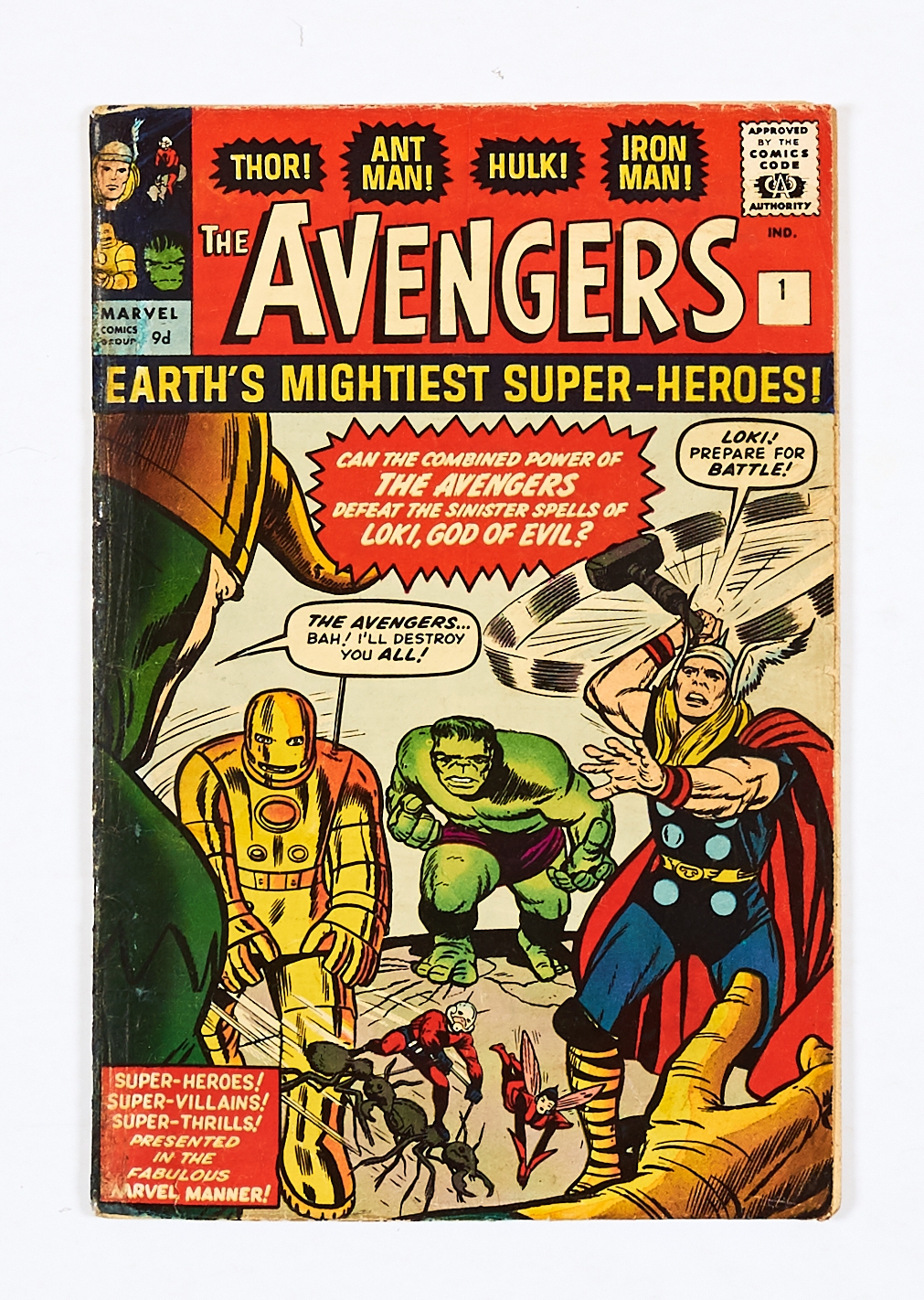 Avengers 1 (1963). Extensive colour touch to re-stapled spine, interior spine clear tape and small