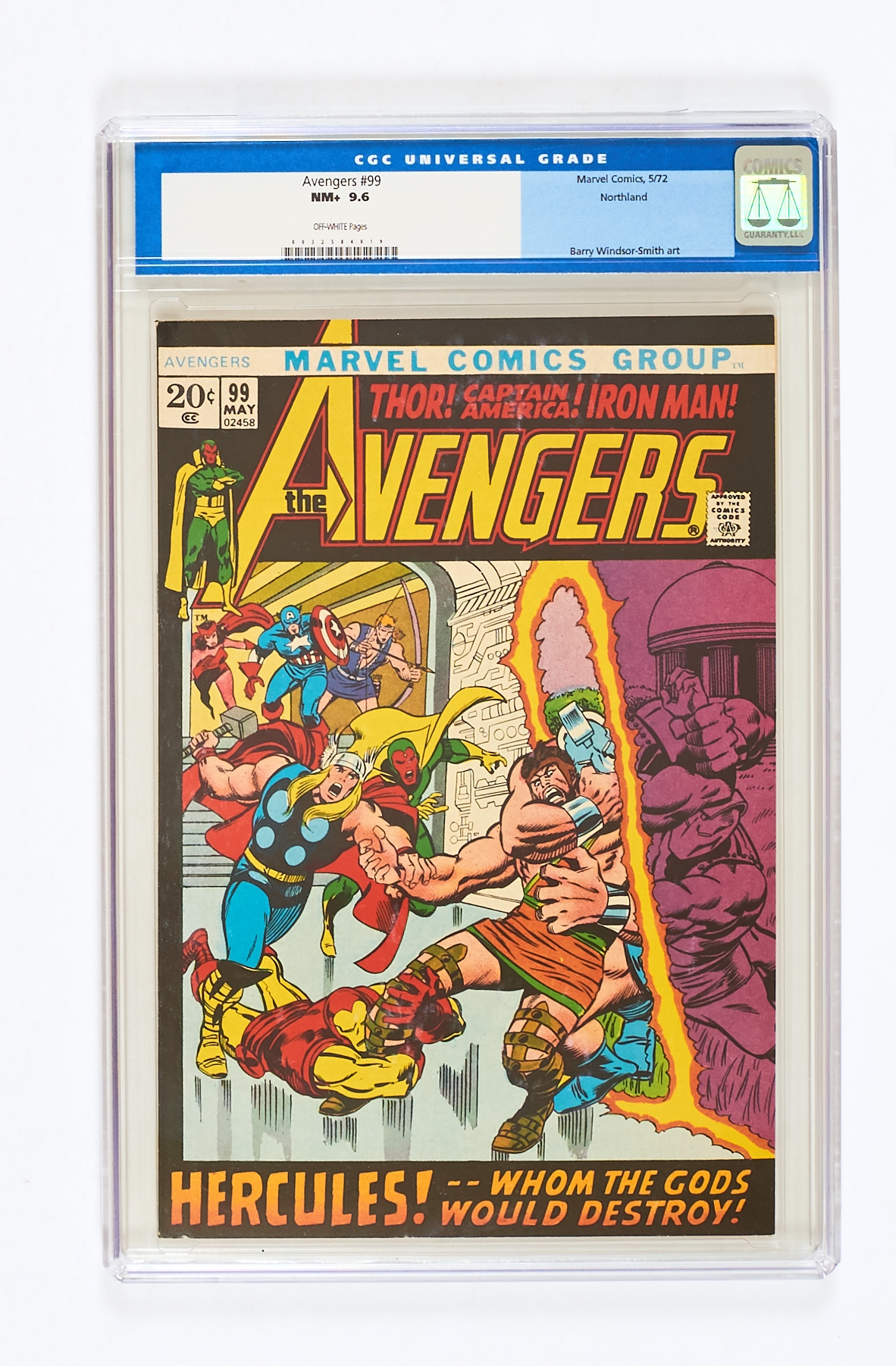 Avengers 99 (1972). CGC NM+ 9.6. Off-white pages. Slight case scuffing above 'Avengers' title. No