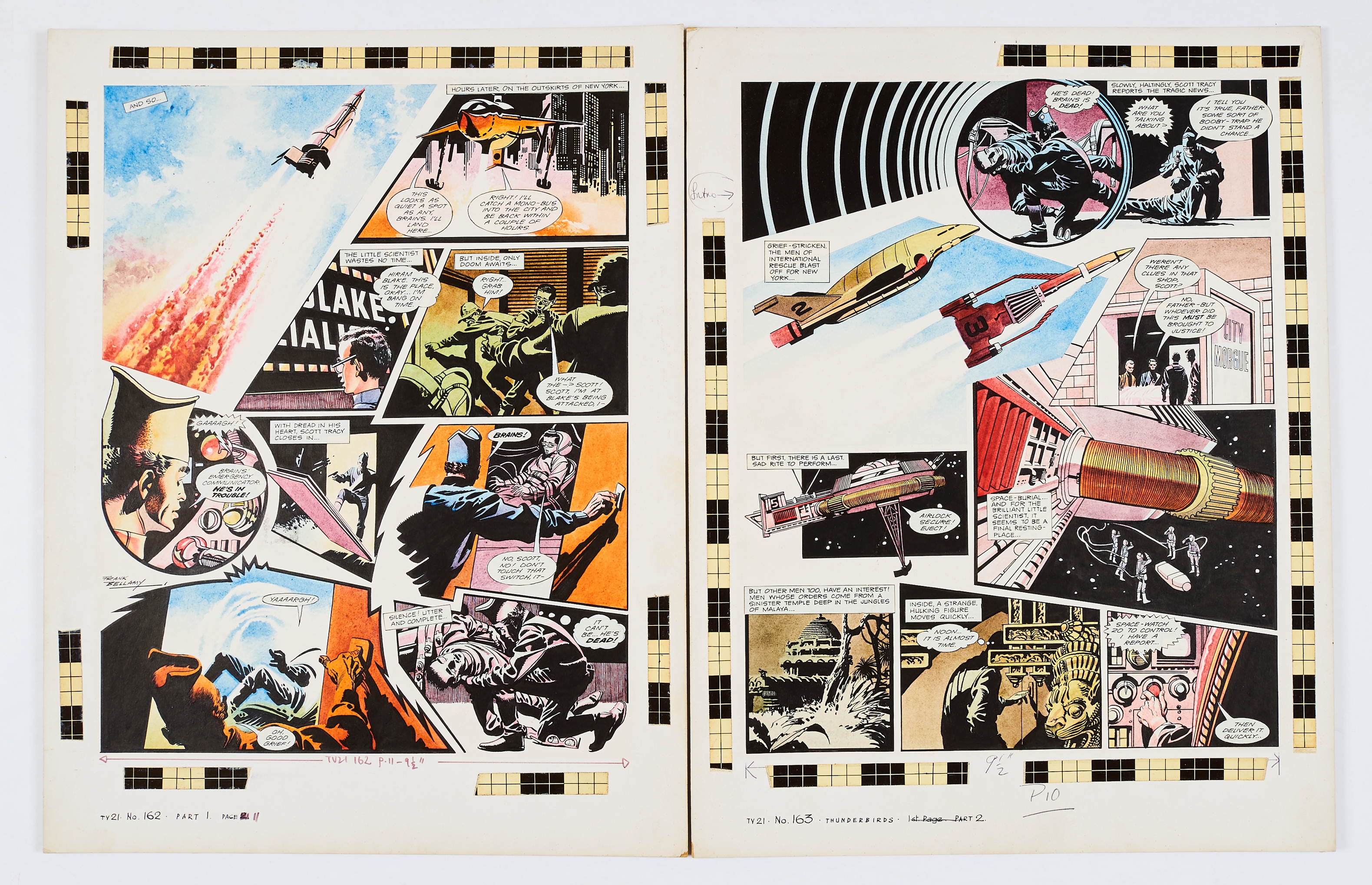 Thunderbirds: Two consecutive original artworks (1968) drawn, painted and signed (on the first