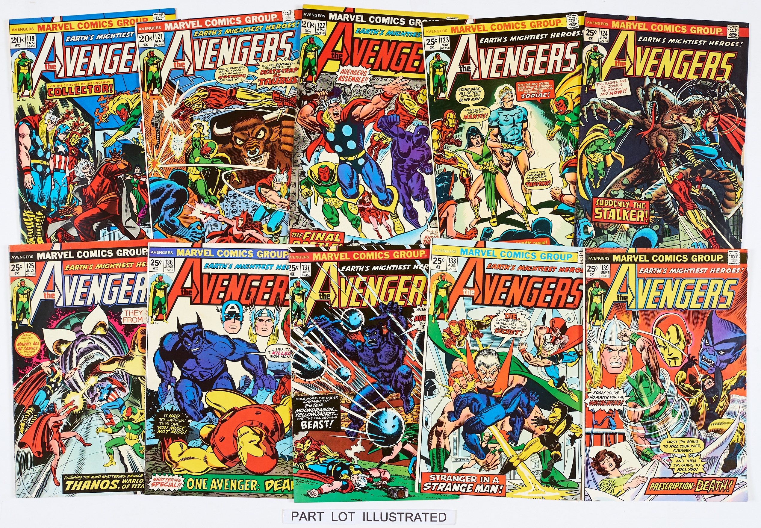 Avengers (1974-76) 119, 121-125, 136-147, 149. All cents [fn+/vfn+] (19). No Reserve