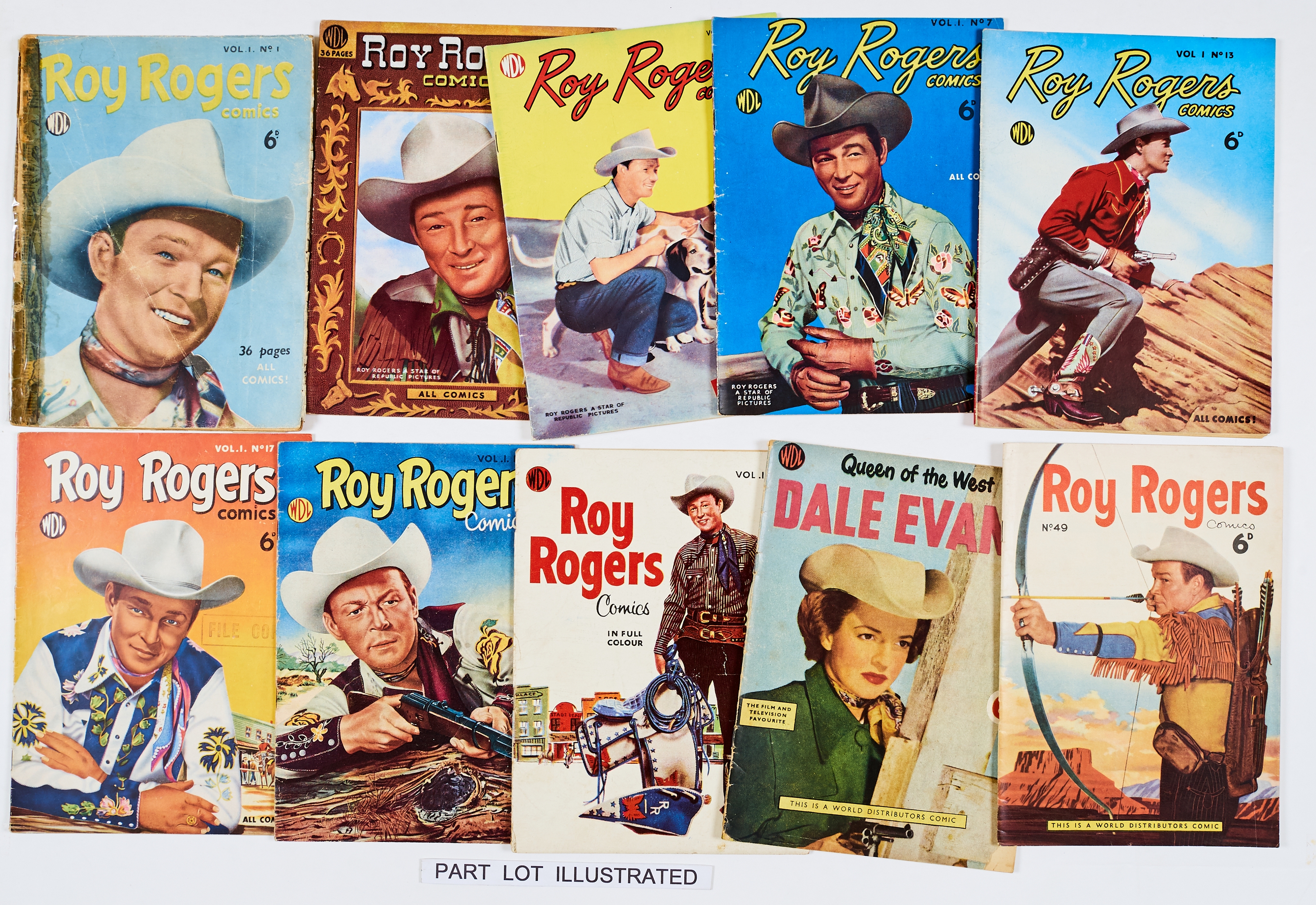 Roy Rogers (WDL 1950s) 1-21, 23-50. With Dale Evans 6, 7, 10, 11. 1, 46 heavily taped spines [fr-