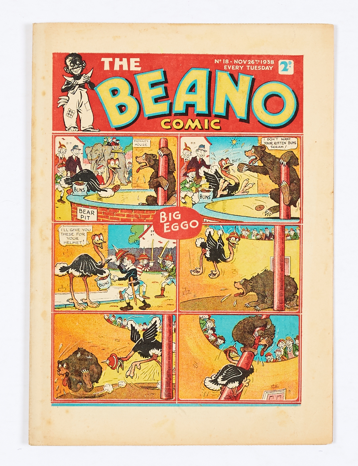 Beano 18 (1938). Bright cover colours with back page foxing by spine. Cream/light tan pages [fn]