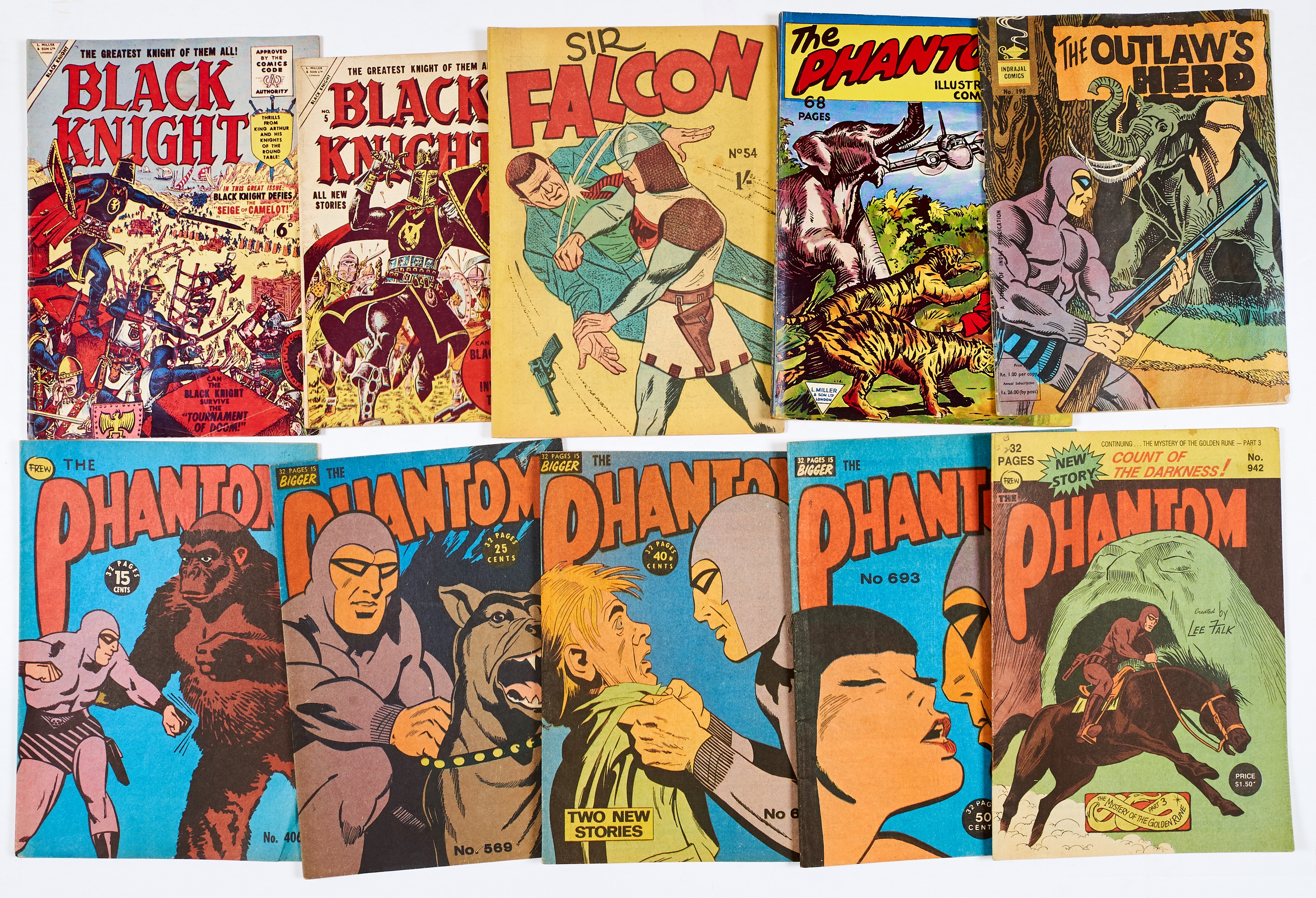 L Miller/Oz reprints (1950s-70s). Black Knight 2, 5, Sir Falcon 54, Phantom 3 (68 pgs), Phantom