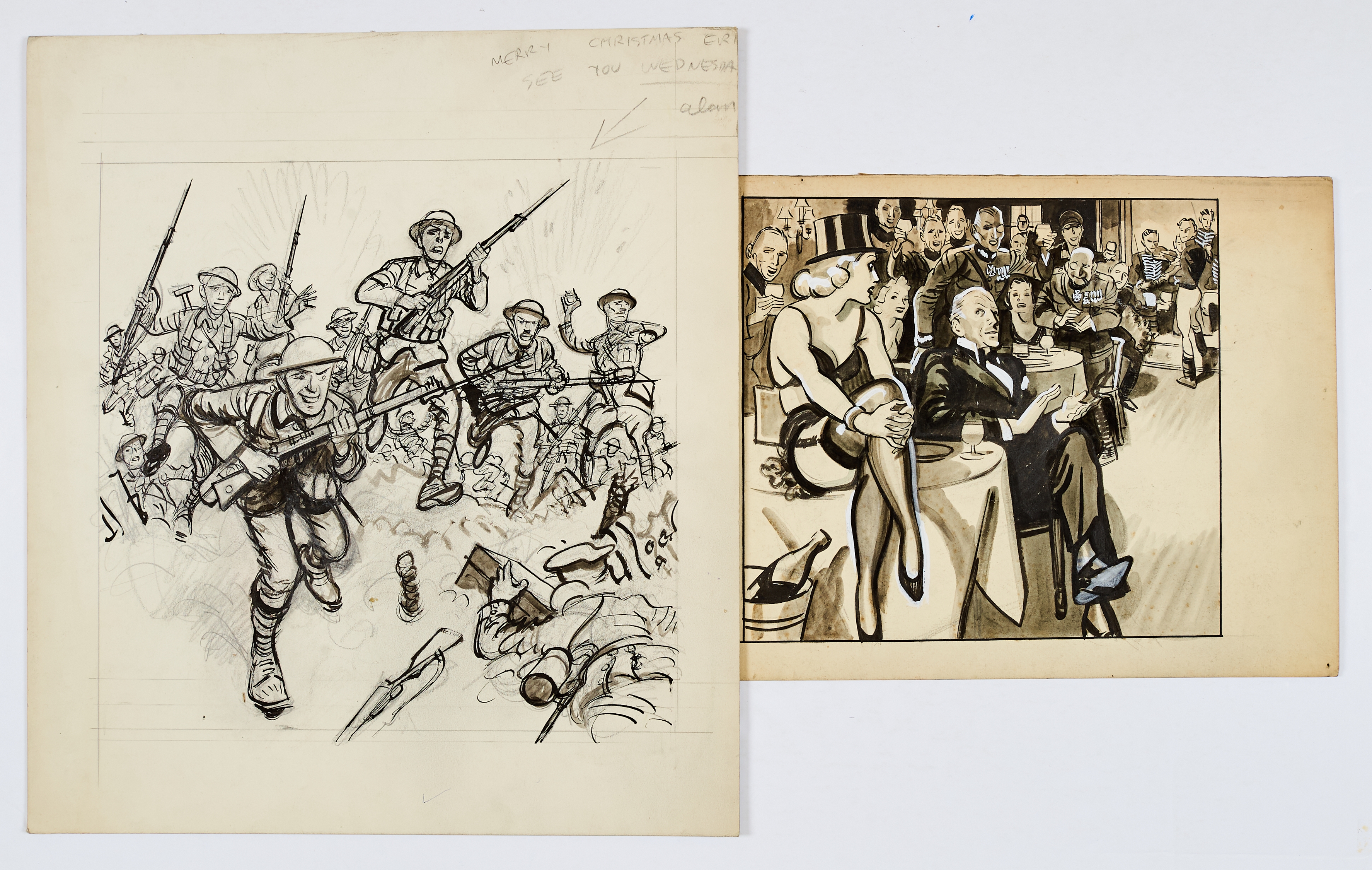 Two original wartime artworks by Eric Parker (1950s). The Tommies advance and German nightclub