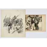 Two original wartime artworks by Eric Parker (1950s). The Tommies advance and German nightclub