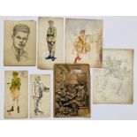 Six WWI painted and b+w sketches by Eric Parker, four signed with an Eric Parker self portrait