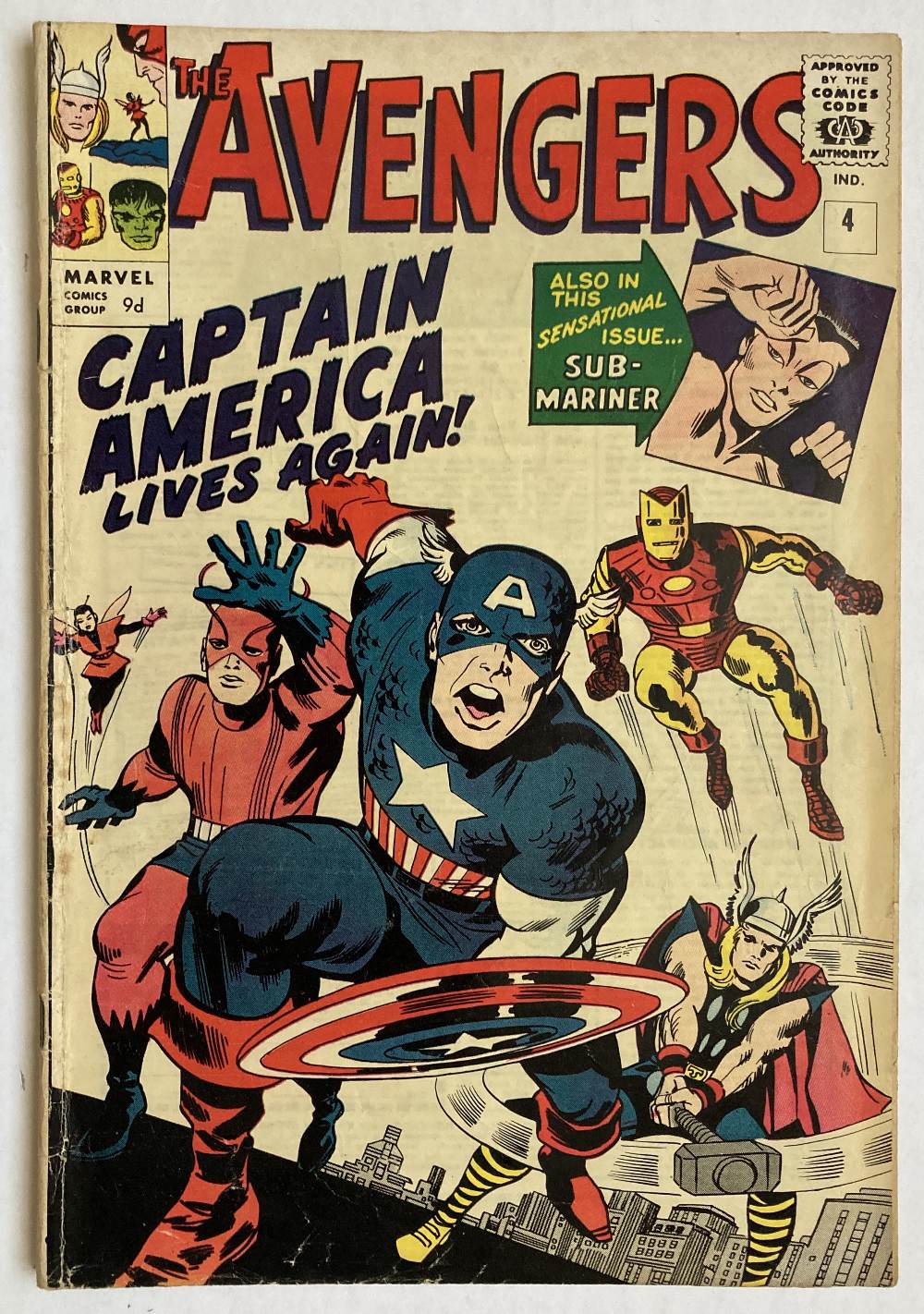 Avengers 4 (1964). Back cover illustration shows centrefold ½ ins overlap, off white pages [vg].