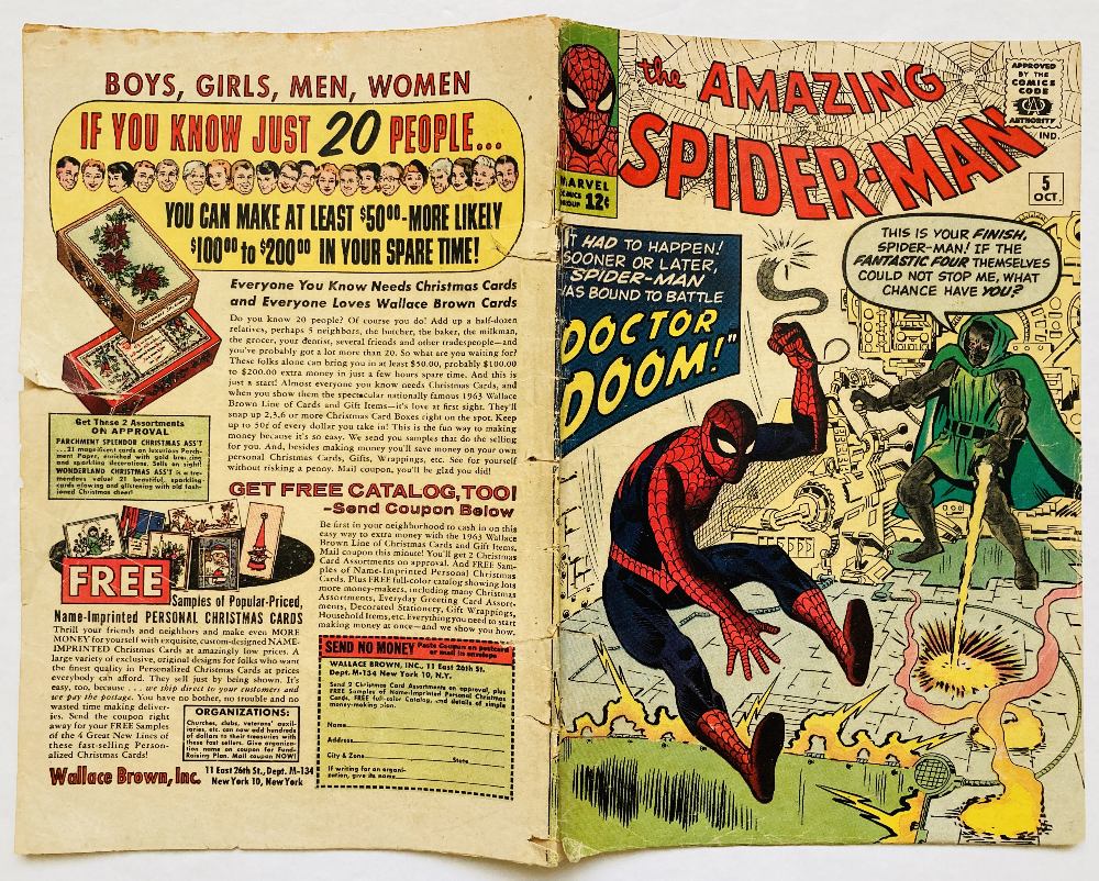 Amazing Spider-Man 5 (1963). Cents copy. Worn, restapled spine with back cover tears and 1½ ins edge