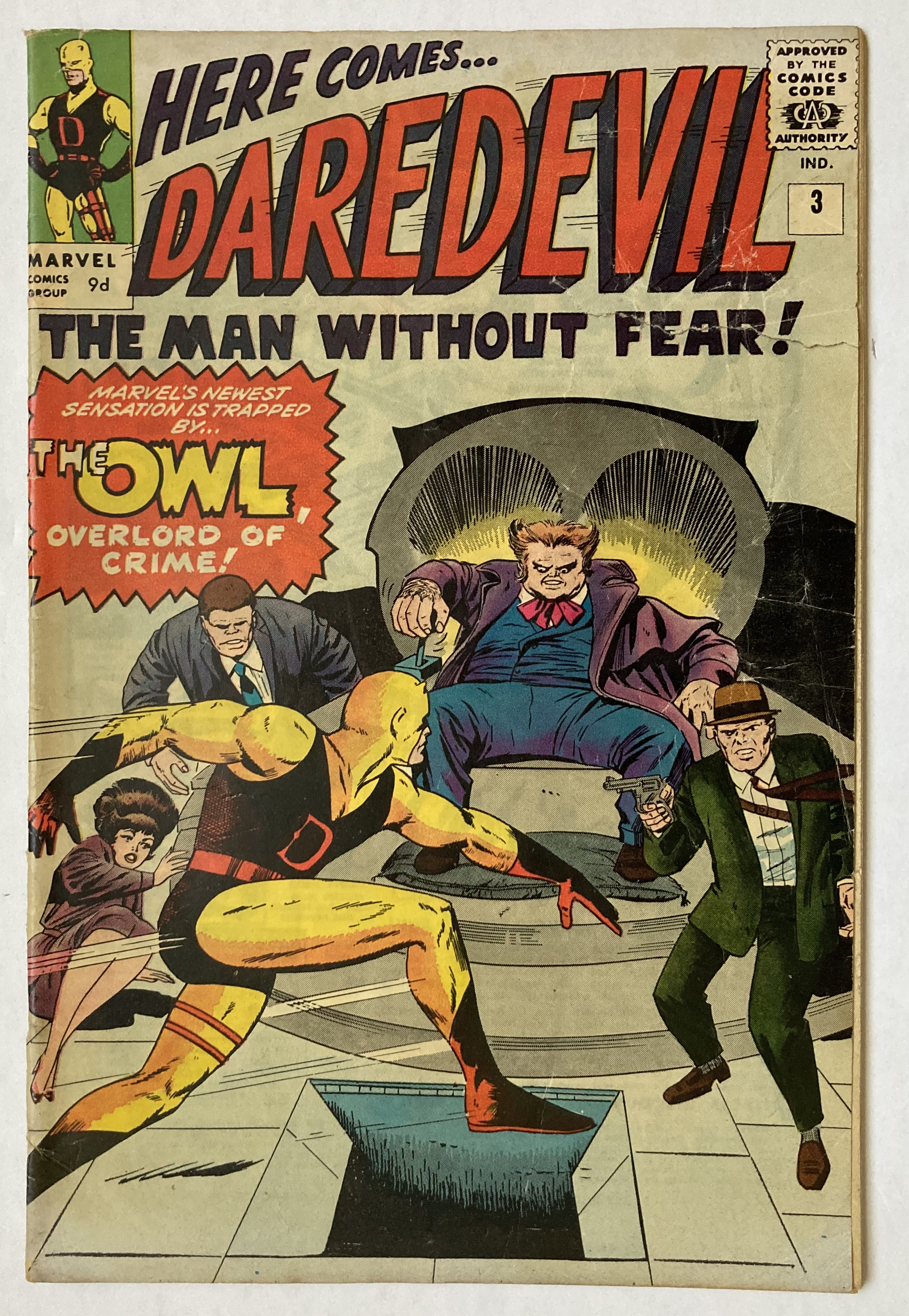 Daredevil 3 (1964). 3 ins cover tear, some moisture stains to rear pages by lower spine [vg-]. No