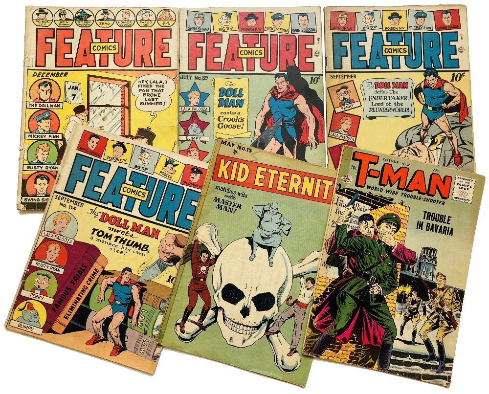 Feature Comics (1942-47) 63, 89, 91, 114. With Kid Eternity 15 taped spine (1949) and T-Man 38 (
