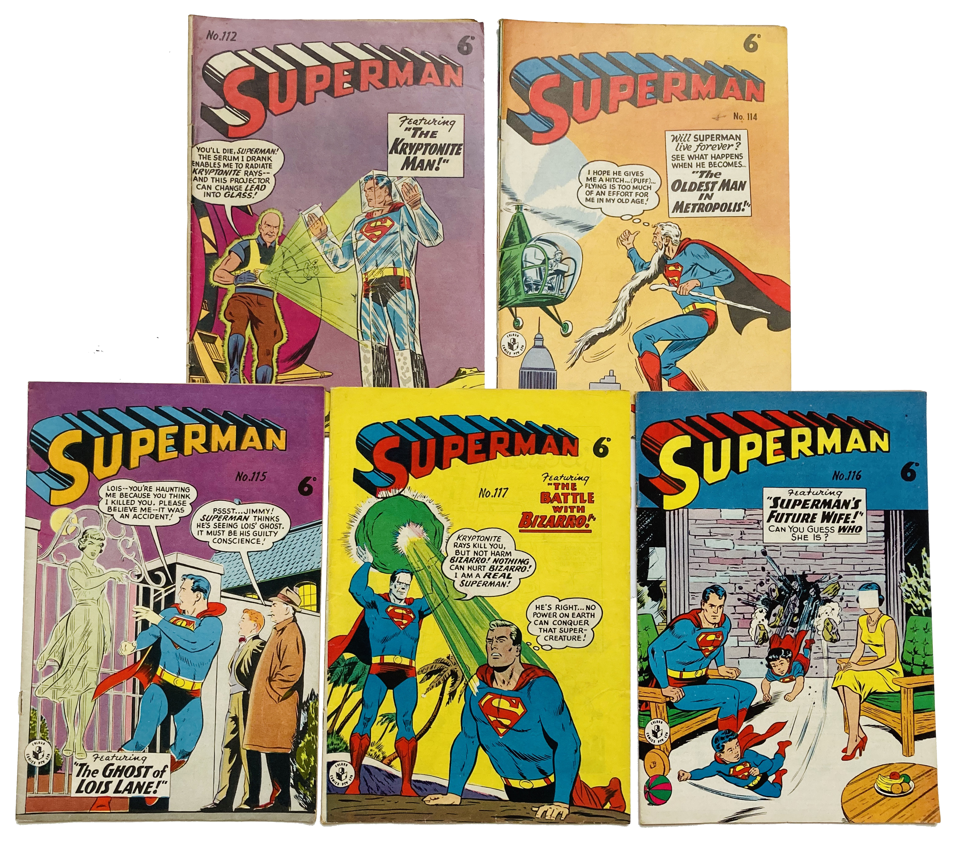 Superman (K.G. Murray 1950s) 112, 114-117 including 1st Lucy Lane, Supergirl meets Tommy Tomorrow