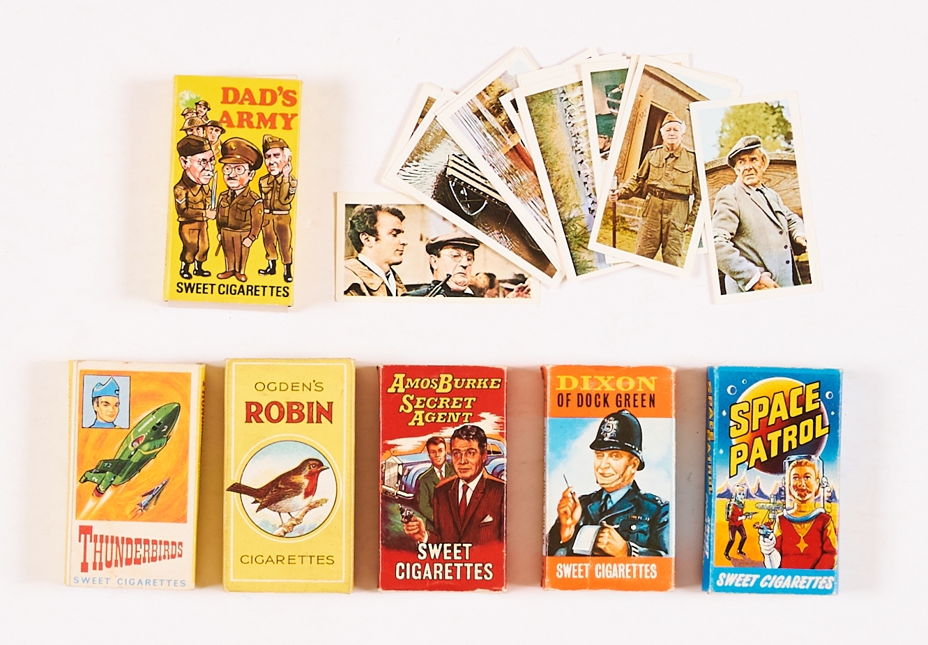 Sweet Cigarette boxes (1960s). Thunderbirds, Amos Burke Secret Agent, Space Patrol (with rear