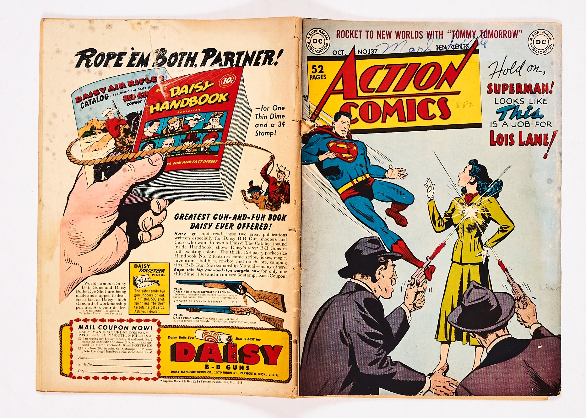 Action Comics 137 (1949). Biro owner name to cover, with piece missing by top staple, moisture stain