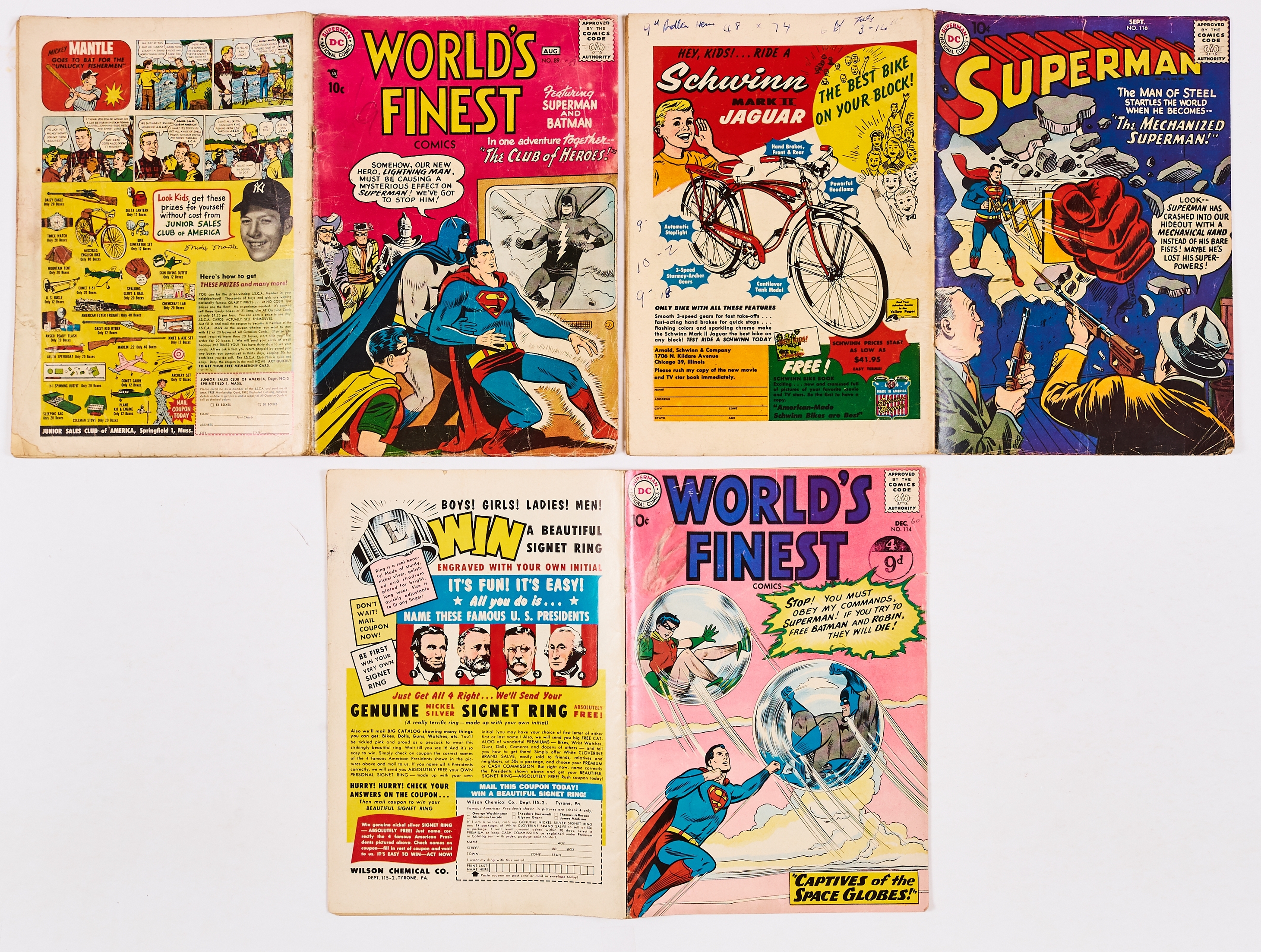 Superman 116 (1957). With World's Finest 89 (1957), 114 (1960). #116 pen doodles to back cover