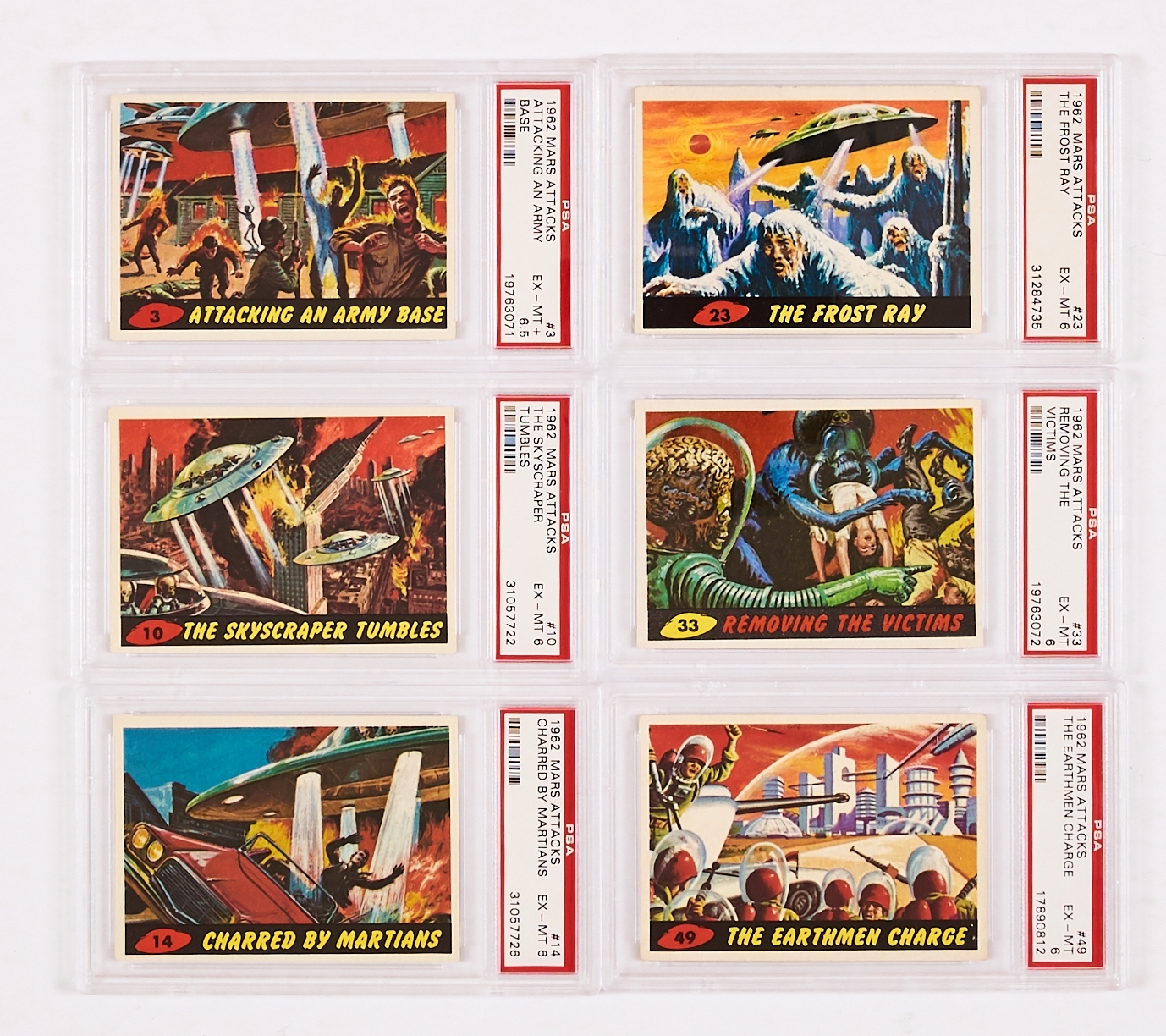 Mars Attacks (1952) by Topps Gum Cards. 3, 10, 14, 23, 33, 49. 5 x PSA graded 6, 1 x PSA graded 6.