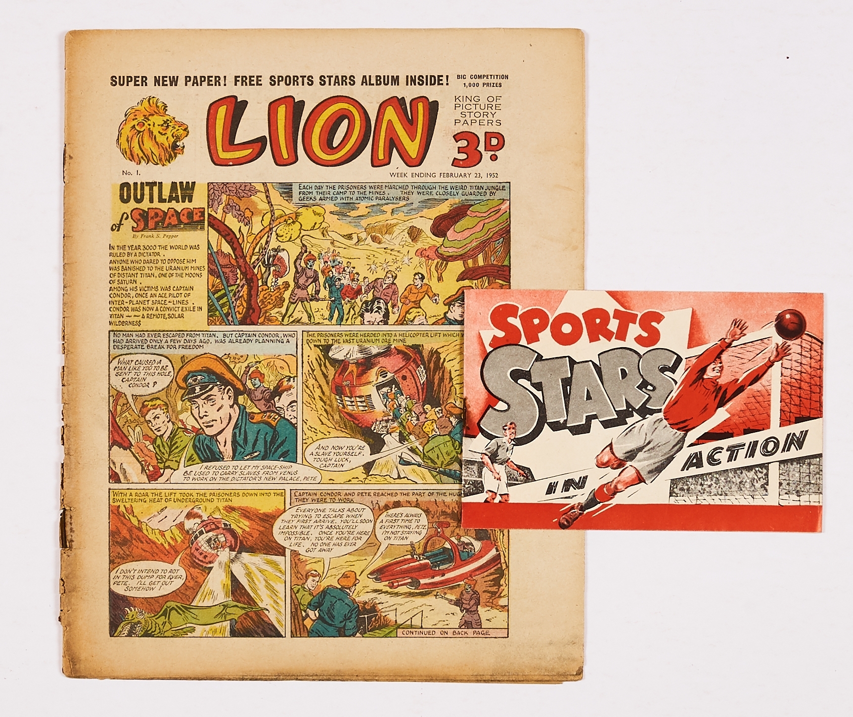 Lion No 1 (1952) wfg Sports Stars in Action booklet. Comic has well-worn spine and rusty staples [