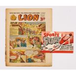 Lion No 1 (1952) wfg Sports Stars in Action booklet. Comic has well-worn spine and rusty staples [