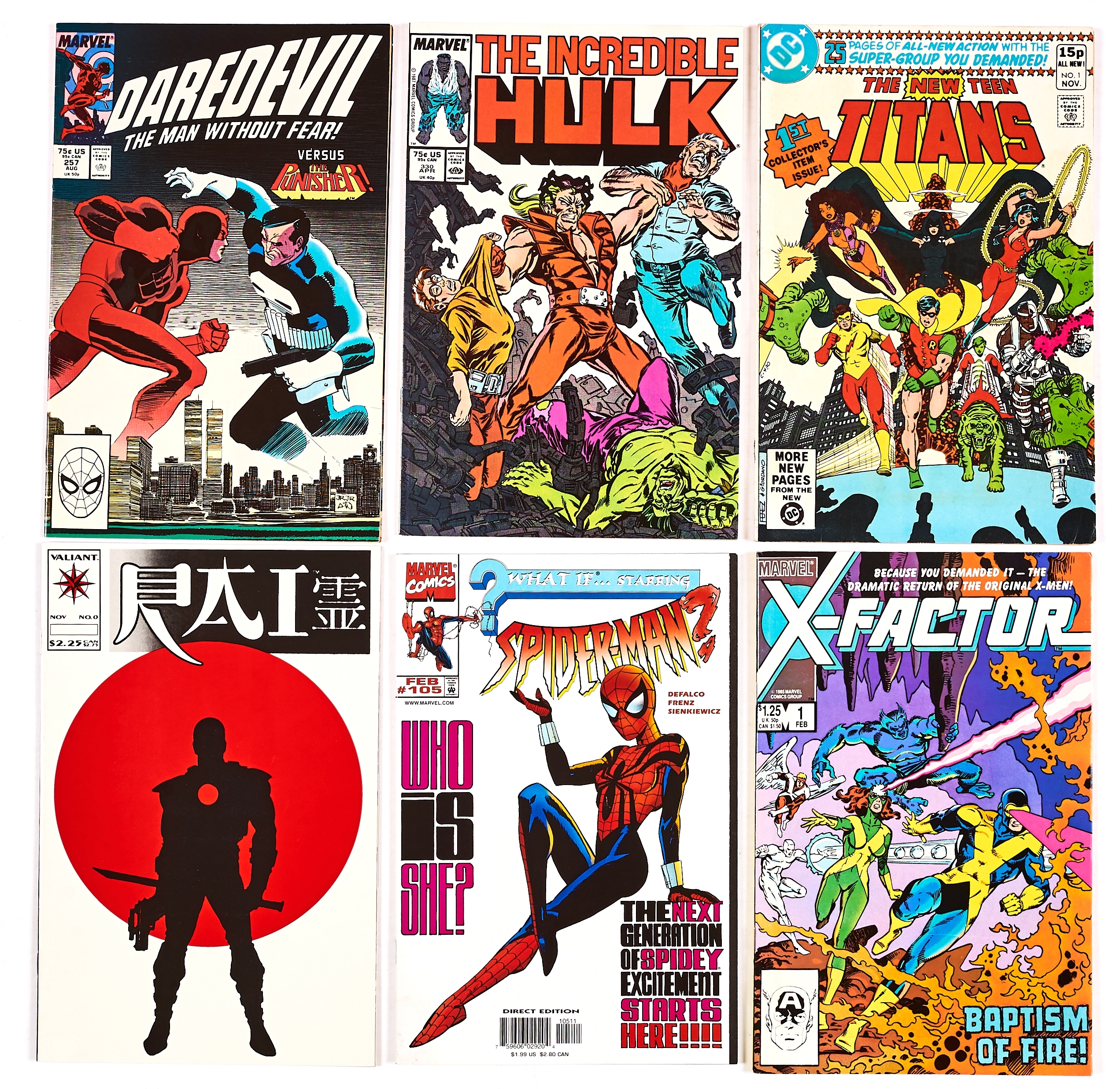 Later Keys mix (1980s-90s). Daredevil 257, Hulk 330, New Teen Titans 1, Rai 0, What If? Vol 2, No