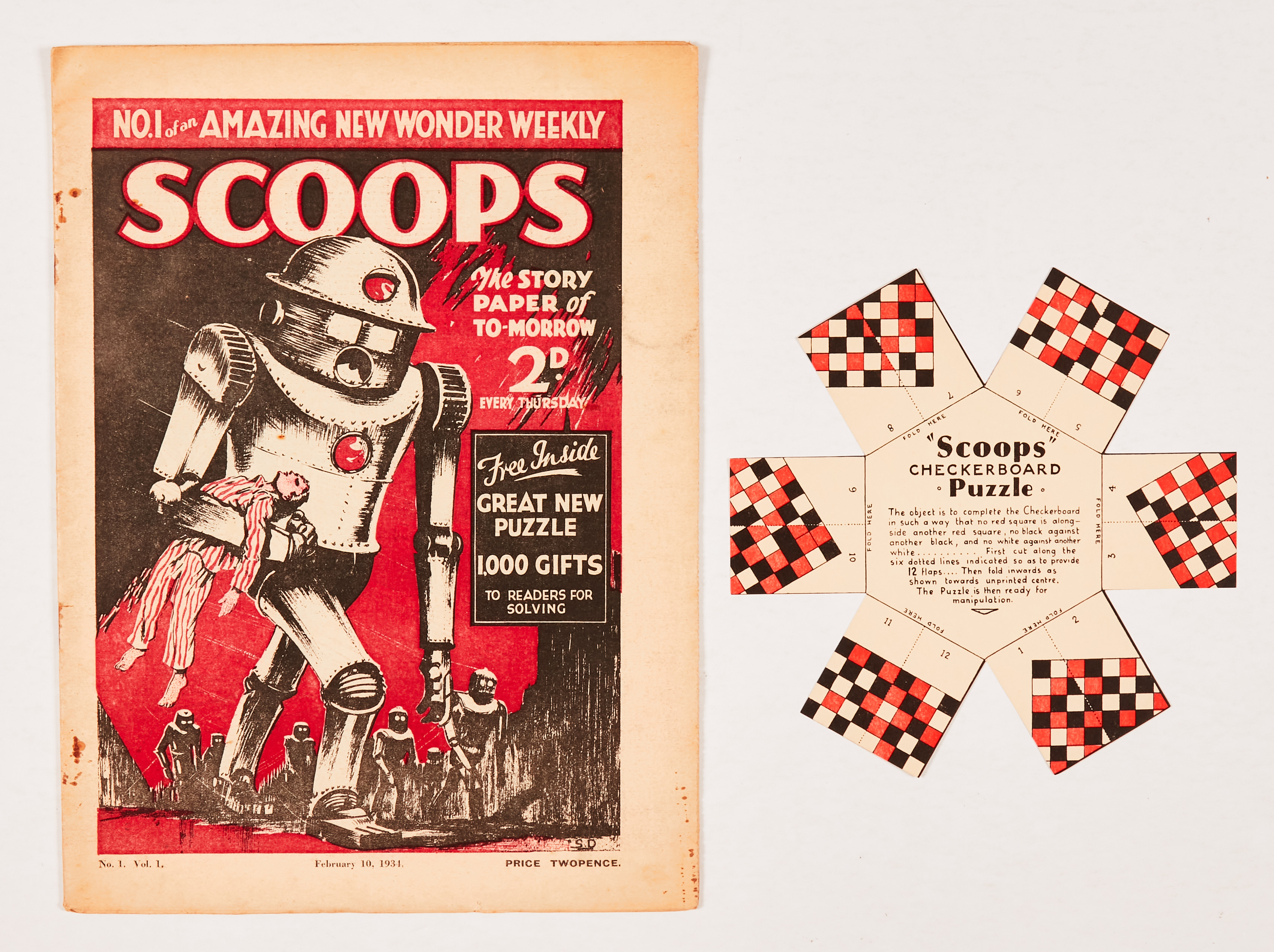 Scoops No 1 (1934) 'The UK's first Science-Fiction Weekly.' With free gift Scoops Checkerboard