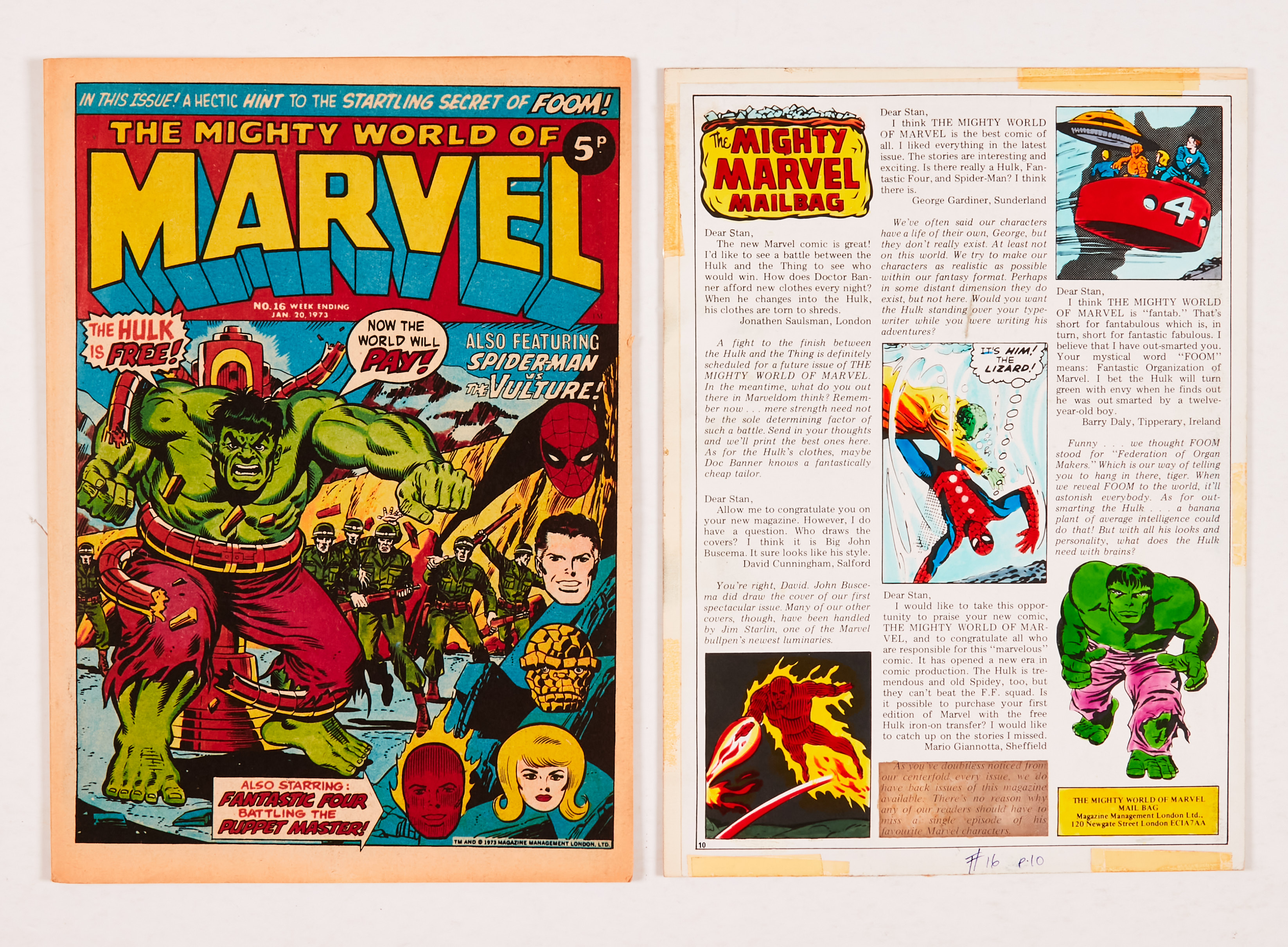 Mighty World of Marvel No 16 (1973) with original painted artwork for pg 10 layout 'Mighty Marvel Ma