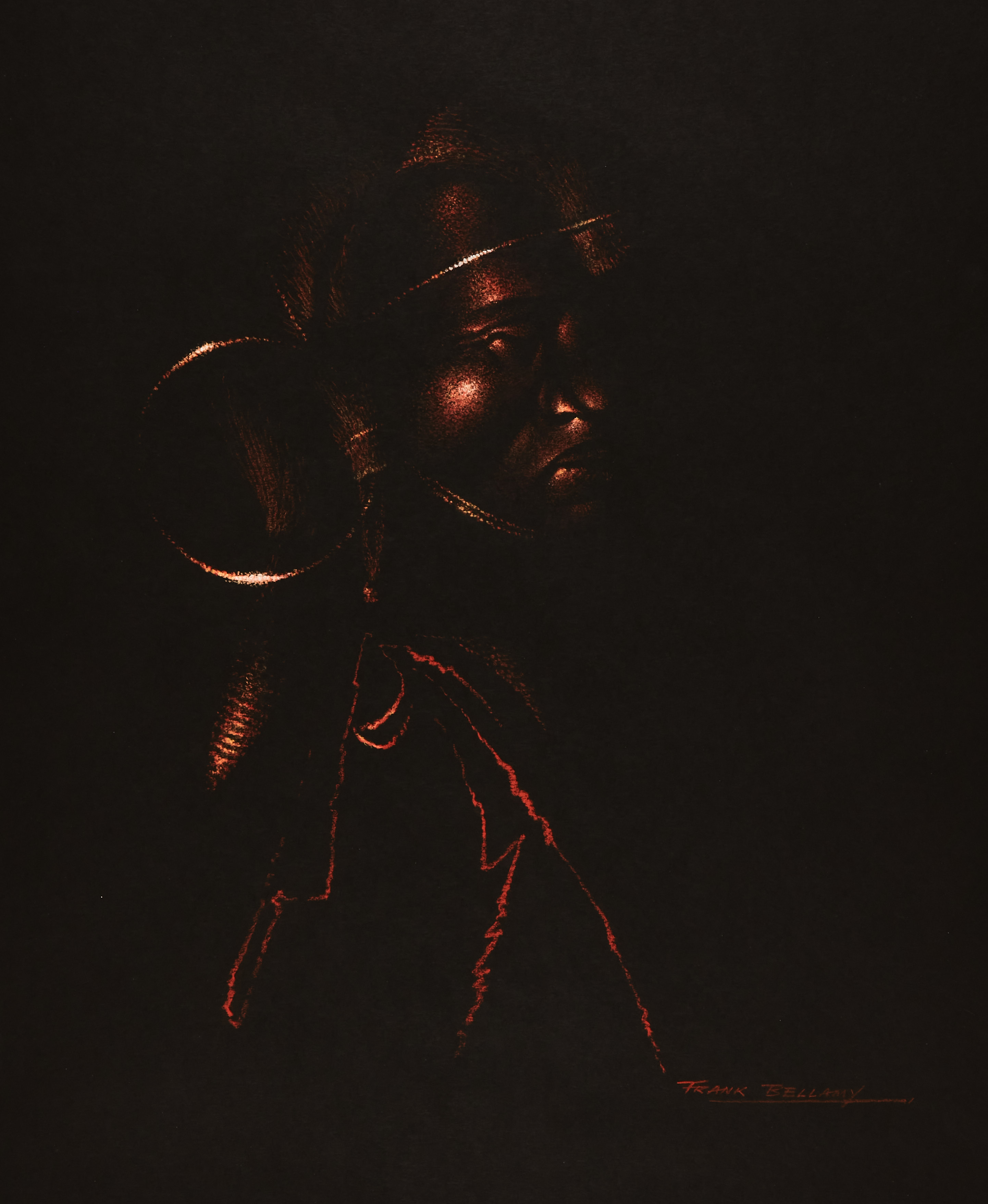 Maasai Warrior drawn and signed by Frank Bellamy (1960s). Terra cotta pastel on black cartridge