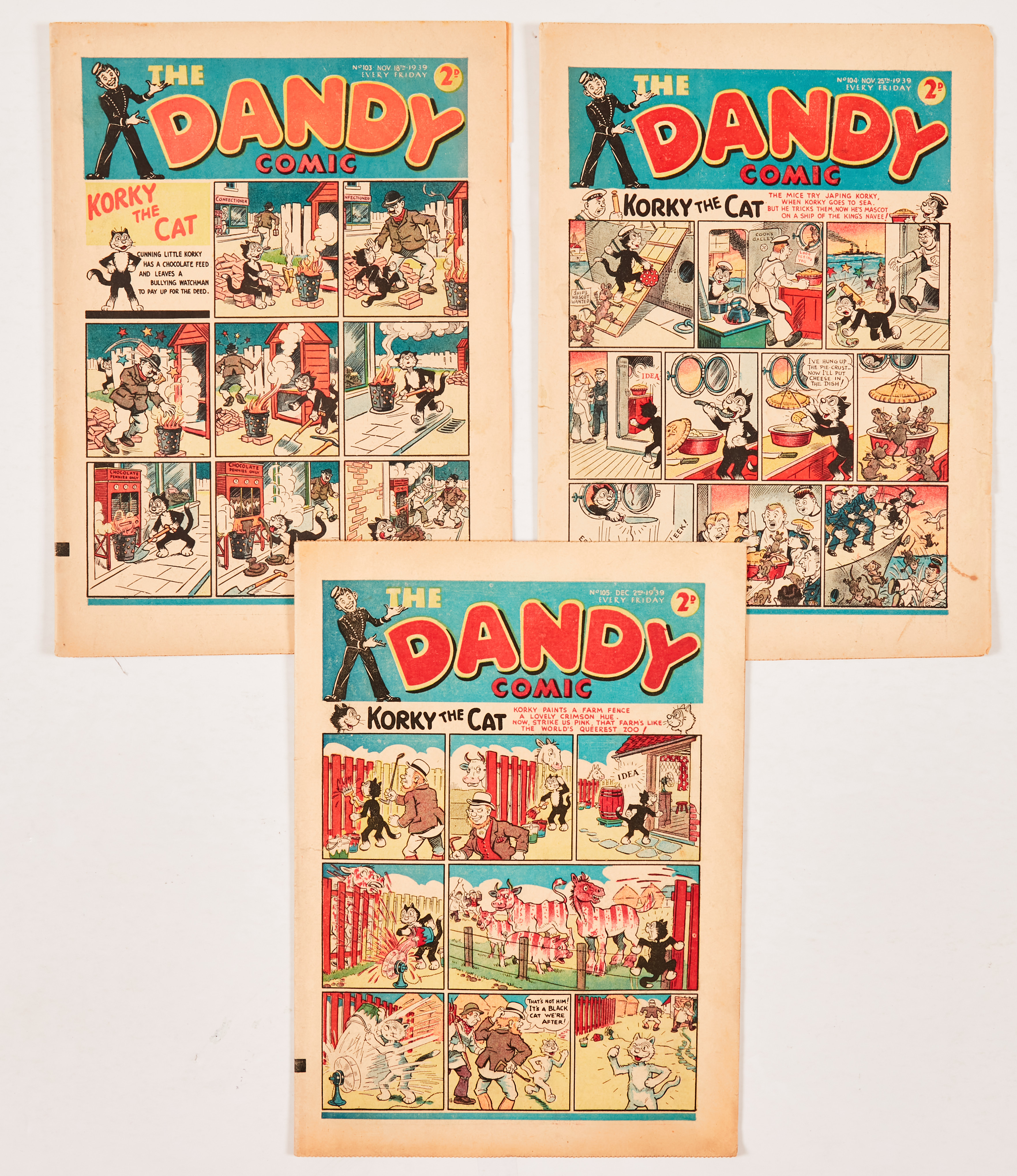 Dandy (1939) 103, 104, 105. Propaganda war issues. Desperate Dan awarded the Iron Cross by Adie