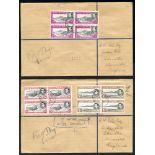 1938 May 12th 2/6d, 5s & 10s each block of four used on two FDC's by oval Ascension registered d/