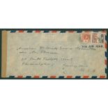 1942 censored airmail cover to the USA franked KGVI 1½d & 1s adhesives, cancelled St. Johns, Jan.