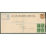 1921 reg 'O.H.M.S' envelope sent to Transvaal bearing block of four ½d green & 3d adhesives,