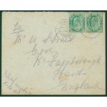 1903 cover addressed to England, franked pair of ½ anna adhesives, tied by two strikes of the '