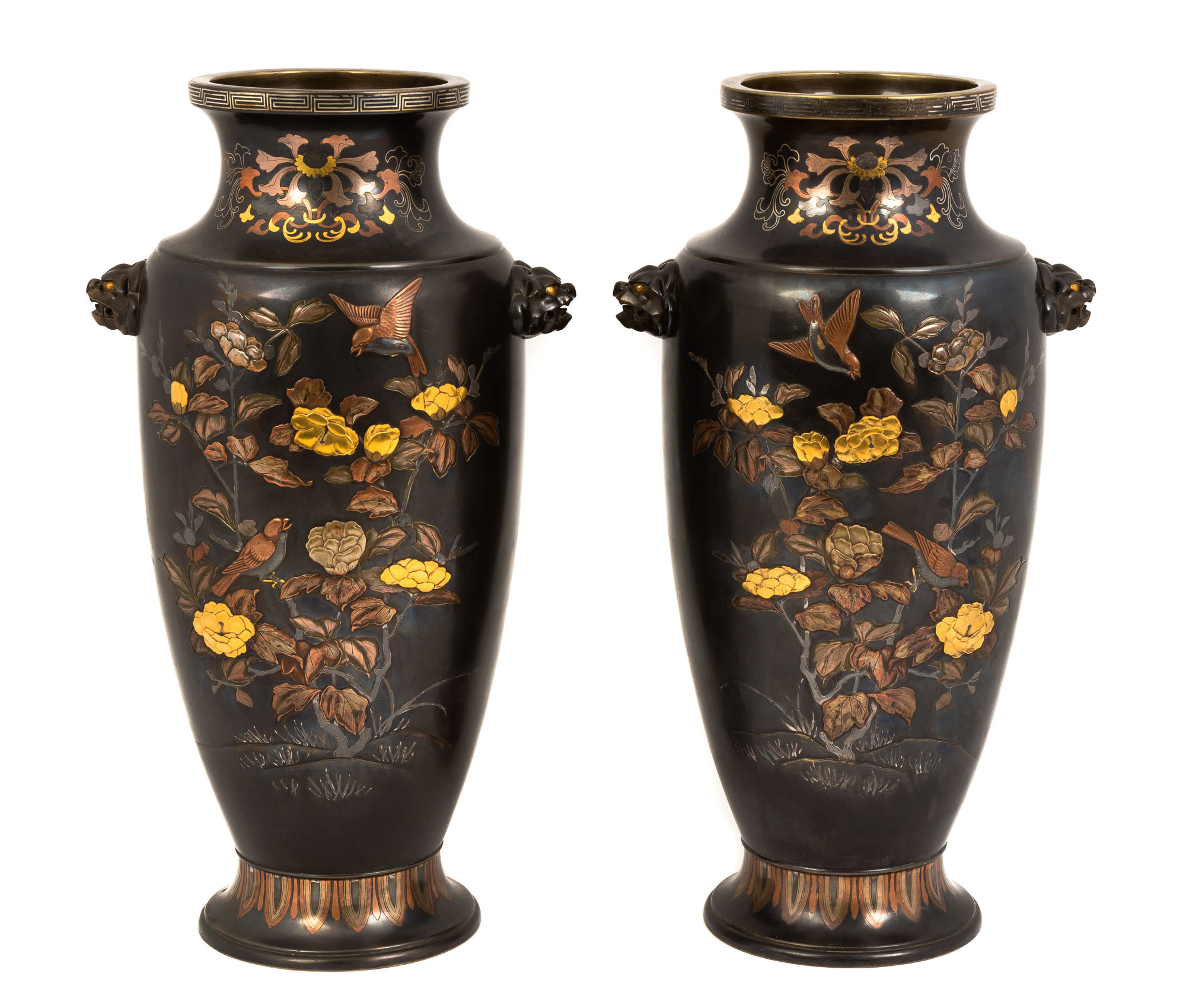 Fine Pair of Large Japanese Bronze Mixed Metal Vases - Image 2 of 12