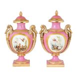 Pair of Coalport Porcelain Pink Ground Vases and Covers