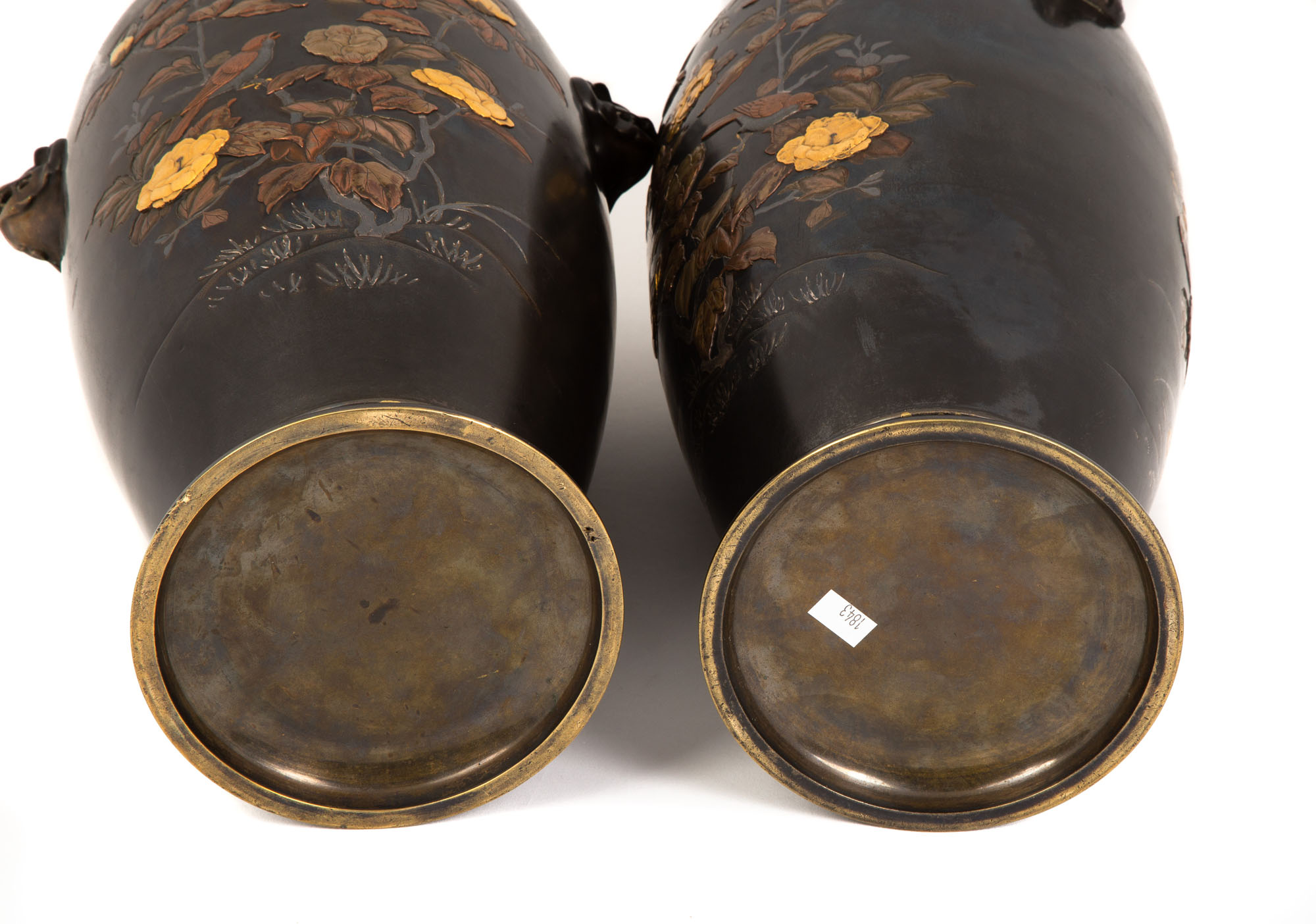 Fine Pair of Large Japanese Bronze Mixed Metal Vases - Image 3 of 12