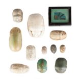 Group of 11 Egyptian Stone/Clay Scarabs & Faience Piece in Box