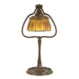 Tiffany Studios, NY Bronze Harp Desk Lamp with Linen Fold Shade