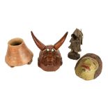 Carved Masks, Tripod Bowl, Pat Stewart Pottery Figure
